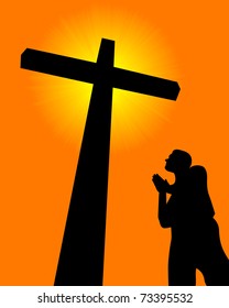 praying before the cross on an orange background