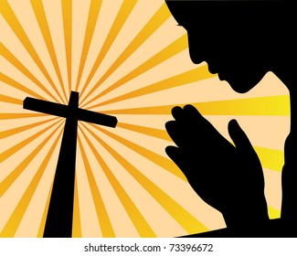 praying before the cross on an orange background