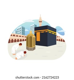 Praying behind the maqam ibrahim after tawaf hajj and umrah vector illustration