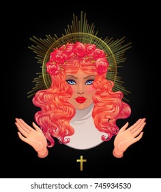 Praying Blessed Virgin Mary. Queen of Heaven. Beautiful catholic woman with open hands, red sexy lips, golden halo and cross. Vector illustration isolated on black. Spirituality, religion, Catholicism