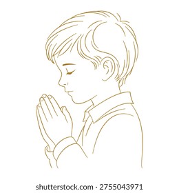 Praying boy in suit — elegant golden line art vector illustration. Boy with clasped hands in a moment of prayer, dressed in an elegant collared shirt. Gold outline on white background. Perfect graphic for First Holy Communion invitations and greeting cards.