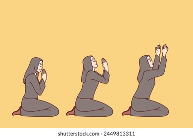 Praying catholic woman in christian cassock and headscarf kneels in different positions during worship in church. Praying nun repents to god for previously committed sins, performing religious ritual