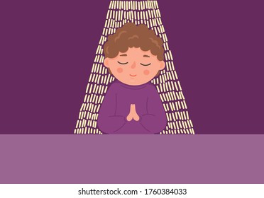 Praying child. Little boy with closed eyes sincerely prays. Religion, Christianity, faith concept.