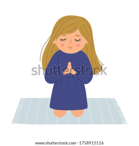 Praying child. Little girl with closed eyes sincerely prays on his knees. Religion, Christianity, faith concept.