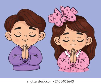 Praying children set. Cute girl and boy with folded hands in prayer. Vector illustration. Isolated color drawings religious believer child character. Kids collection