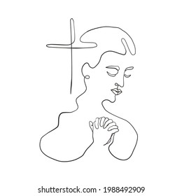 Praying christian woman line art illustration