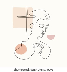 Praying christian woman line art illustration with terracota color abstract shapes.