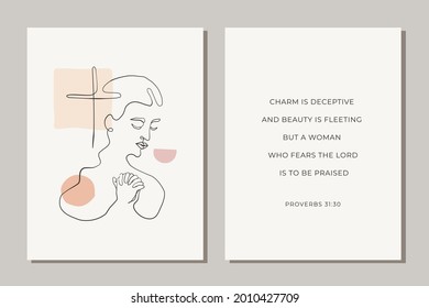 Praying christian woman line art illustration with terracota color abstract shapes and proverbs 31.30 bible verse. Perfect inspiring christian interior prints set.