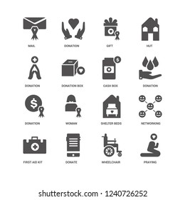Praying, Donation Box, Mail, Donation, Networking, Shelter Beds, Woman, Wheelchair icon 16 set EPS 10 vector format. Icons optimized for both large and small resolutions.