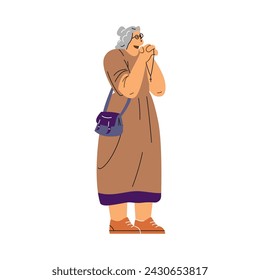 Praying elderly woman putting palms together with the cross vector illustration. Christian religious person pray to God Jesus, feeling superstitious. Tradition Orthodox faith and religion