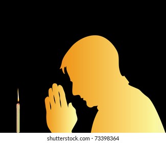 praying in front of a candle against a black background