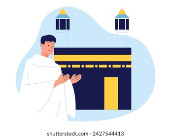 Praying in front of the Kaaba while performing the Umrah pilgrimage, Muslim vector illustration.