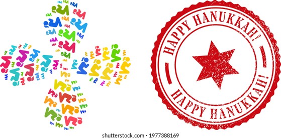 Praying girl colorful exploding flower shape, and red round HAPPY HANUKKAH Exciting. grunge stamp seal. Praying girl symbol inside round stamp imitation.