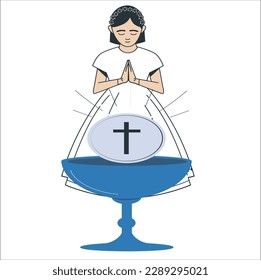 Praying girl for first communion. Little girl in her first communion day. Religious catholic celebration. Floral frame for invitation. Christian religious symbols. Vector illustration isolated.