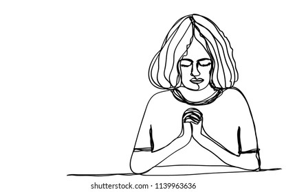 praying girl one line drawing vector eps.10