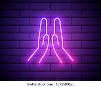 Praying glowing neon ui ux icon. Glowing sign logo vector isolated on dark brick wall