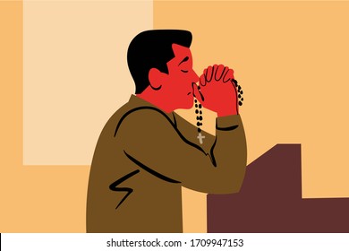 Praying, god, religion, church, christianity, request, faith concept. Young sad religious man christian praying in church with beads standing on porch. Asking or request or faith in God illustration.