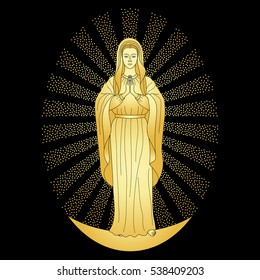 Praying Gold Virgin Mary in rays of sun, standing on moon on black background.