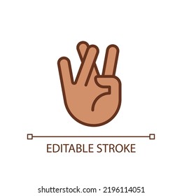 Orando por buena suerte píxel icono de color RGB perfecto. Anillo cruzado y dedos medios. Gesto de mano. Ilustración vectorial aislada. Dibujo de línea simple relleno. Trazo editable. Tipo de letra arial utilizado