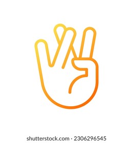 Orando por buena suerte píxel perfecto gradiente icono de vector lineal. Anillo cruzado y dedos medios. Gesto de mano. Símbolo de color de línea delgada. Pictograma de estilo moderno. Dibujo de contorno aislado del vector