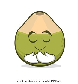 Praying green coconut cartoon character vector illustration