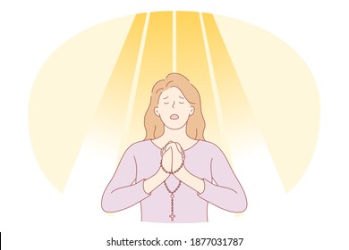 Praying, Grief, Depression concept. Young unhappy female cartoon character standing with hands crossed in praying and talking to god about her grief feeling depressed vector illustration 