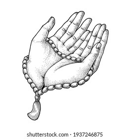 Praying Hand with a Praying Beads, Pointillism illustration, Hand Drawn