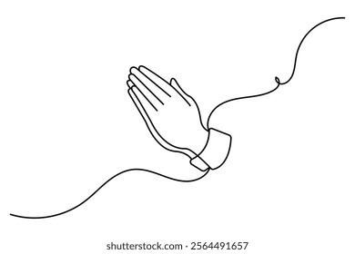 Praying hand continuous one line drawing with outline vector illustration