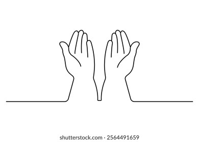 Praying hand continuous one line drawing with outline vector illustration