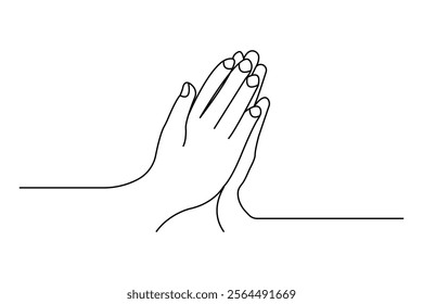 Praying hand continuous one line drawing with outline vector illustration
