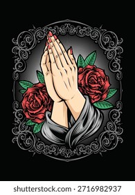 Gesto de mano de oración con rosas rojas ilustración