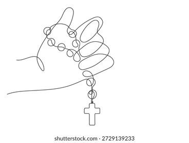 Rezando. Mano sosteniendo el rosario. Dibujo de línea continua. Concepto de religión cristiana. 