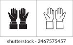Praying hand icon. Two hands receiving sign. Hand facing up symbol. Vector stock illustration in flat and outline design style. Symbol of pray, ask for help, donation, begging.