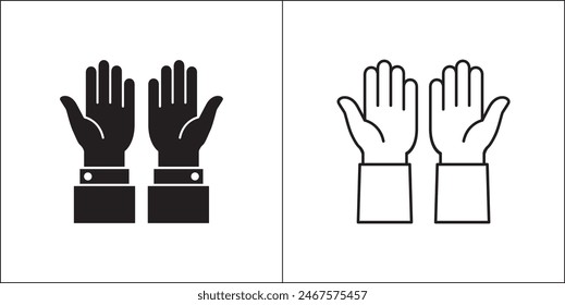 Praying hand icon. Two hands receiving sign. Hand facing up symbol. Vector stock illustration in flat and outline design style. Symbol of pray, ask for help, donation, begging.