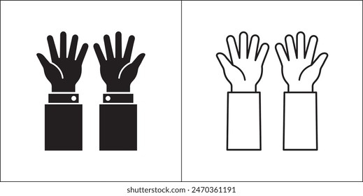 Praying hand icon. Two hands receiving sign. Hand facing up symbol. Vector stock illustration in flat and outline design style. Symbol of pray, ask for help, donation, begging.
