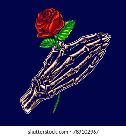 praying hand skeleton holding rose artwork for valentine and romantic but religious activity greeting card