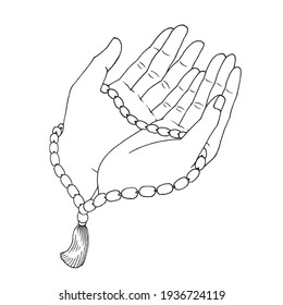 Praying Hand Using Praying Beads, Illustration, Hand Drawn