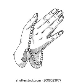 Praying Hand Using Praying Beads, Illustration, Hand Drawn