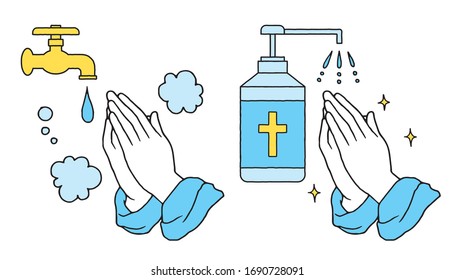 Praying hand washing and sanitizer vector illustration set