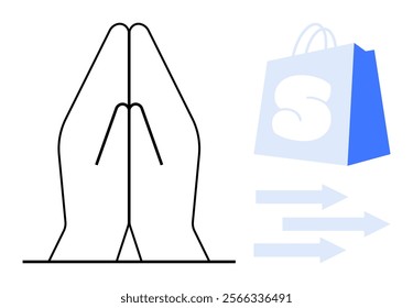 Praying hands alongside a shopping bag with S and directional arrows. Ideal for themes like e-commerce, online shopping, spirituality, gratitude, and logistics. Simplistic, modern design style