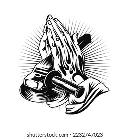 praying hands with angle grinder illustration premium vector The Concept of Isolated Technology. Flat Cartoon Style Suitable for Landing Web Pages, Banners, Flyers, Stickers, Cards