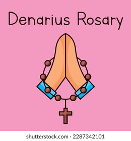 praying hands between denarius rosary over pink background . vector illustration