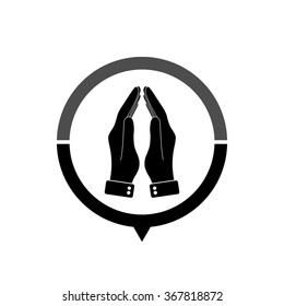 Praying hands - black vector icon; map pointer;  message bubble