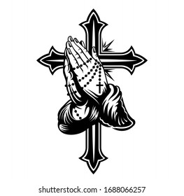 Praying hands with chain and big cross behind it. Vector illustration