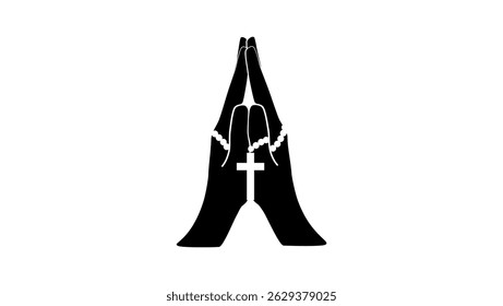 Praying hands with cross, black isolated silhouette