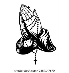 Praying hands with cross on chain around hands. Vector illustration