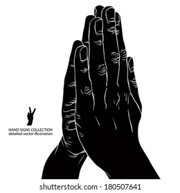Praying hands, detailed black and white vector illustration.
