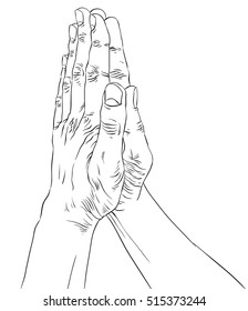 Praying hands, detailed black and white lines vector illustration, hand drawn.