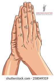 Praying hands, detailed vector illustration.
