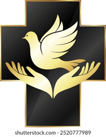 Praying hands, dove and Christian cross